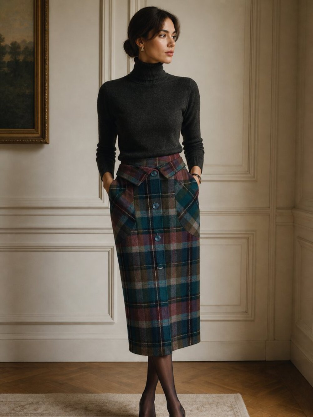 Rare vintage 80's slouch pocket plaid wool quiet luxury midi button up skirt